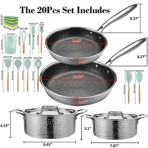 20-Piece Cookware Set with Non-Stick Pans, Stainless Steel Pots, Silicone Utensils, 9.45-Inch Frying Pans, Kitchen Cooking Set