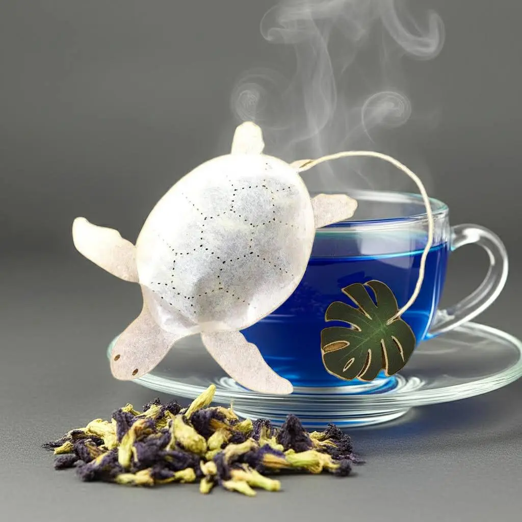 Ocean Teabag Sea Turtle Butterfly Pea Jasmine Tea Bag - Tropical Design with Monstera Leaf Tag - Individually Packaged for Freshness - Gentle Tea Experience