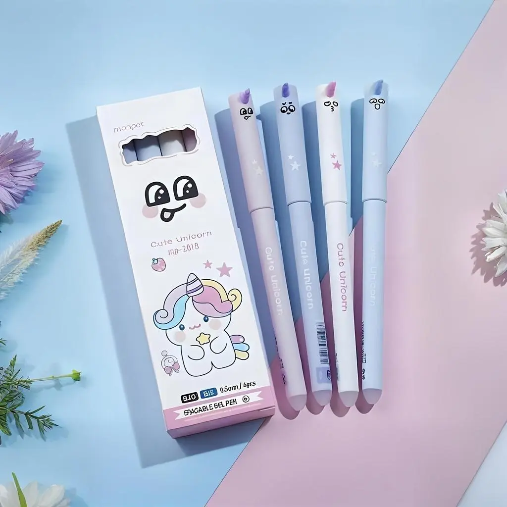 4-Pack Dream Unicorn Erasable Neutral Pens, 0.5mm Fine Tip, Quick-Dry Ink, Macaron Colors, School Office Gift Box Set