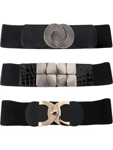 Versatile 3 Pcs Black Retro Belts Adjustable Retro Belts for Women Men 41.34inch Retro Wide Stretchy Elastic Metal Buckle Waist Cinch Belts