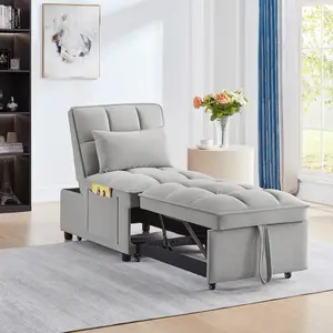 4-in-1 Multi-Function Single Sofa Bed with Storage Pockets, Tufted Pull-Out Sofa Bed with Adjustable Backrest and Pillows, Convertible Chaise Lounge for Living Room, Guest Room, Gray, Living Room Furniture for Apartment, Lounge, Family Room