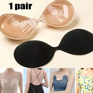 Rice Color Invisible Strapless Adhesive Bra, Sexy Silicone Cup Backless Dress, Strappy Gown Wedding Dress, Padded Small Bust Push-Up Invisible Bra