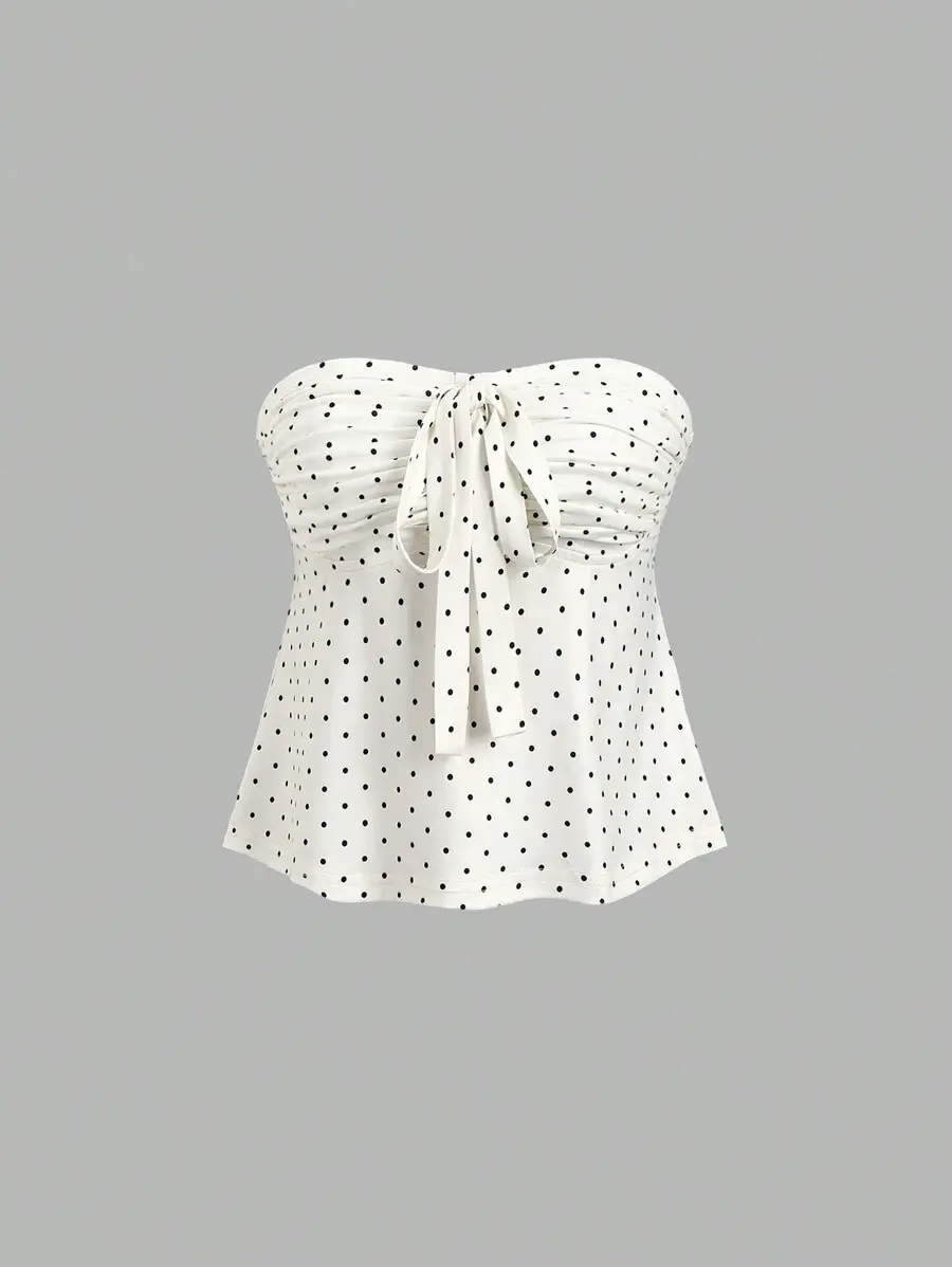 Elara Valentine's Day Romantic Polka Dot Bow Knot Pleated Bandeau Top