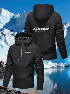 Men's Hooded Jacket Greddy Racing Print, Sun Protection Hood Design, Zipper Pockets, Adjustable Hood, Outdoor Casual Sporty Coat