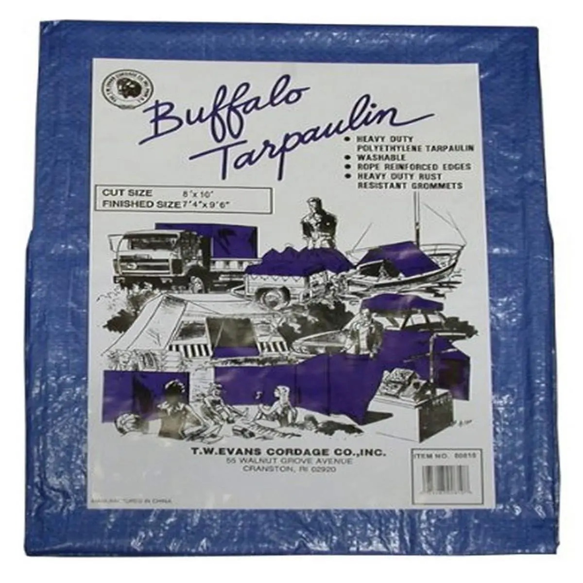 T.W. Evans Cordage 00912 9 ft. x 12 ft. Blue Buffalo Poly Tarpaulin, Emergency Survival Tent Tarps, Outdoor Shade Solutions, Shading Tent Tarps with Sun Protection, 2.42 Oz Per Square Yard, 4 Mil And 8X8 Weave