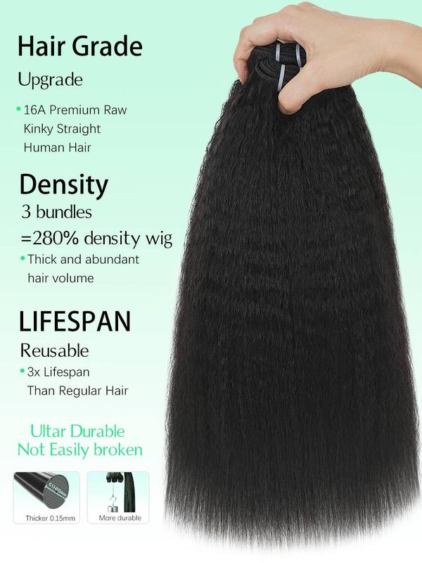 Lemoda Raw Kinky Straight Human Hair Bundles 100% Unprocessed Brazilian Human Hair Full and Thick 3 Bundles 16A Double Weft Yaki Straight Bundles Human Hair Natural Color