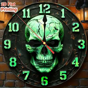 1 Gothic Wall Clock with Glowing Green Skull Face, 9.8inch Black and Green Glowing Hands, Japanese Quartz Movement, Battery Powered (AA Batteries Included) - Artificial Wood Round Clock, Suitable for Living Room, Home Decor Silent Digital Clocks