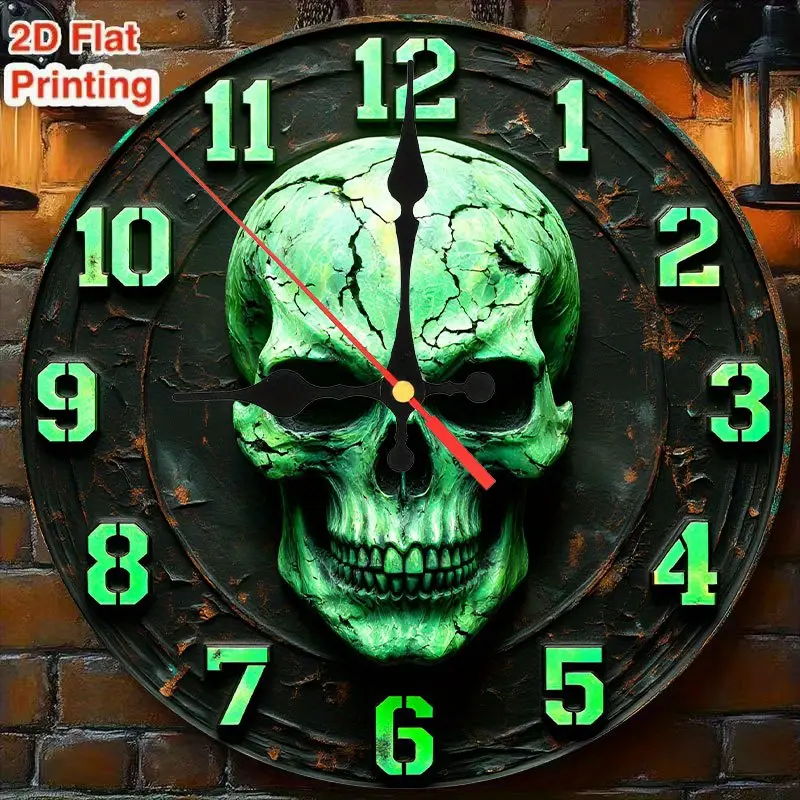 1 Gothic Battery Operated Wall Clock with Glowing Green Skull Face, 9.8inch Black and Green Glowing Hands, Japanese Quartz Movement, Battery Powered (AA Batteries Included) - Artificial Wood Clock, Home Decor, Wall Clock Decorative