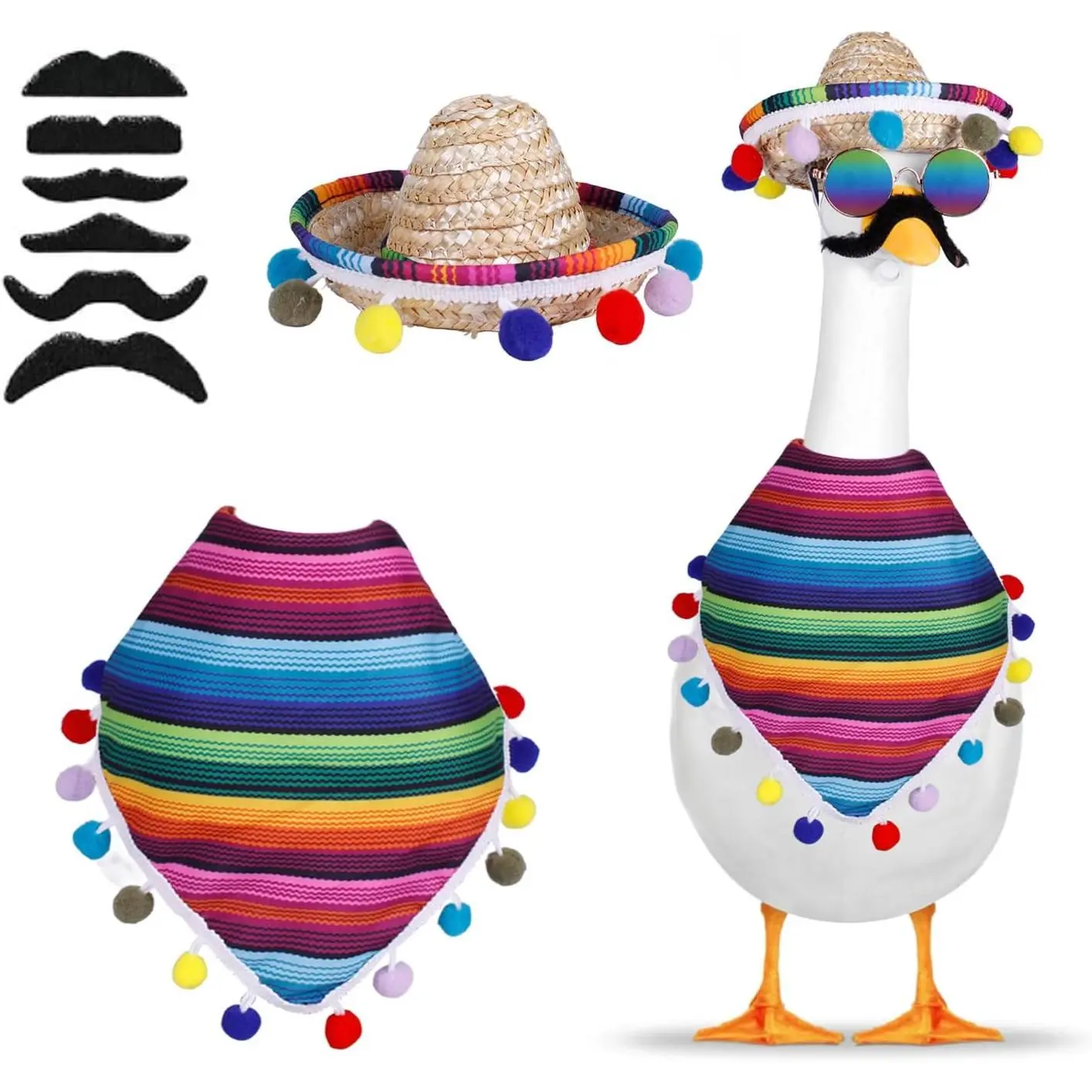 Cinco De Mayo Porch Goose Outfit Set - Mexican Sombrero, Bandana, Beard & Glasses Costume, Fits 17in & 23in Cement Plastic Lawn Goose Statues, Colorful Outdoor Garden Decoration