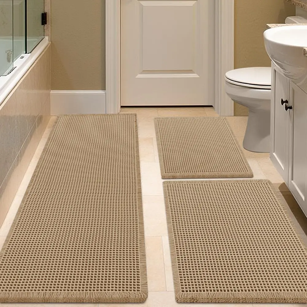 IM HOME Waffle Bath Mat 2 Piece/3 Piece Set, Boho Woven Modern Bath Mat Rugs, Absorbent Non Slip Bathroom Rugs, Soft Washable Bath Rugs with Tassels for Bathroom, Bedroom, Kitchen, Shower, Tub