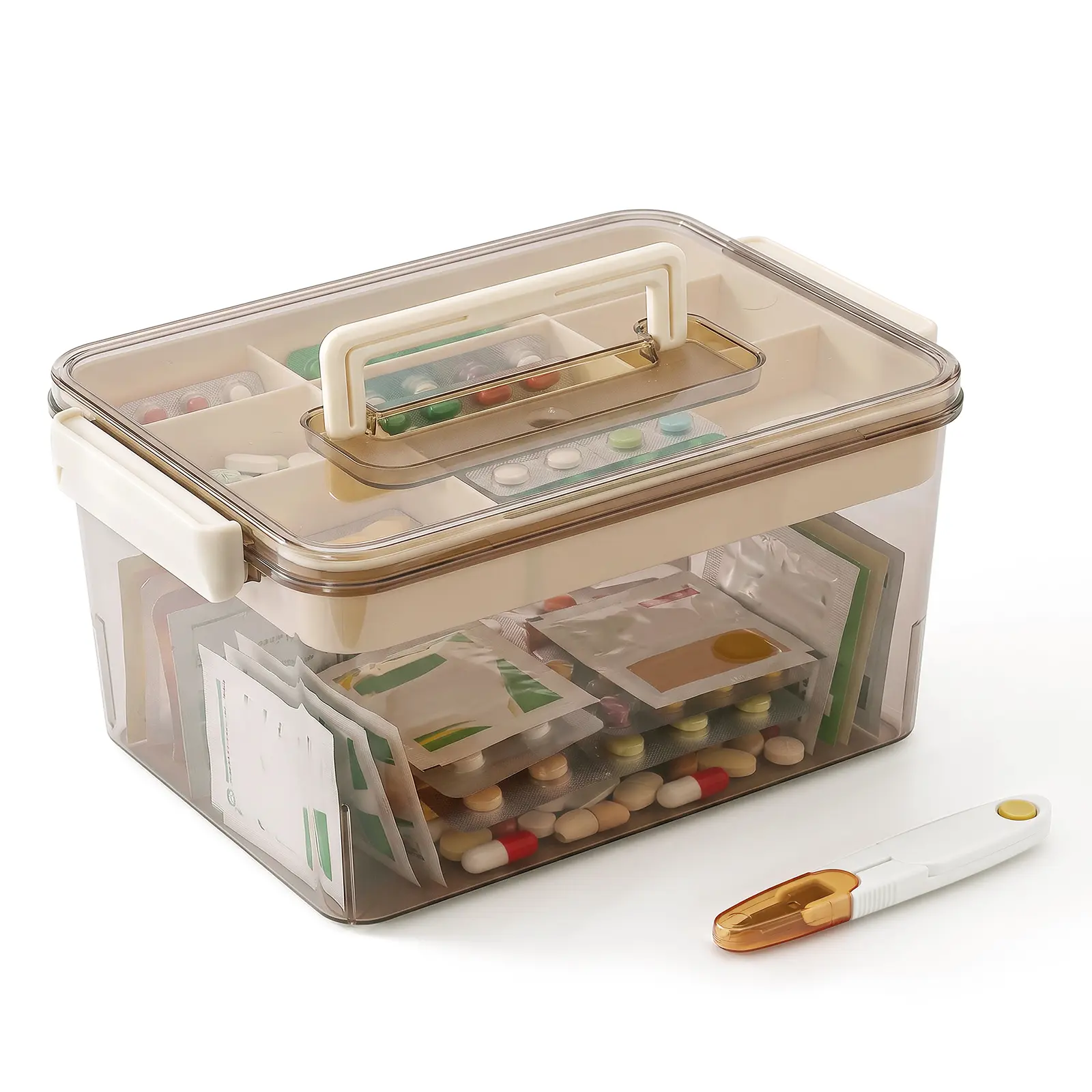LOVEWE Amber Clear Medicine Storage Box with Lid - Portable Home First Aid Organizer, Home Supplies Storage Bin