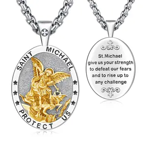 DRINSPER S925 Golden St Michael Necklace Protection Amulet the Archangel Saint Michael Protect Us Catholic Talisman Daily Wear Jewelry for Men