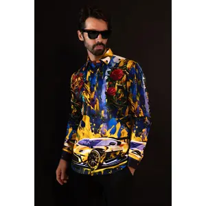 Breezery Rhinestone Long Sleeve Shirt - Floral Print, Elegant Style, Versatile Menswear Top for Various Occasions Stylish Fabric Lion Original Slim Fit Spandex