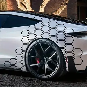 Hexagon Car Stickers - 3D Black and White Sports Decals for Cars, Trucks, SUVs - Self-Adhesive Glossy Finish, Ideal for Exterior Vehicle Decals