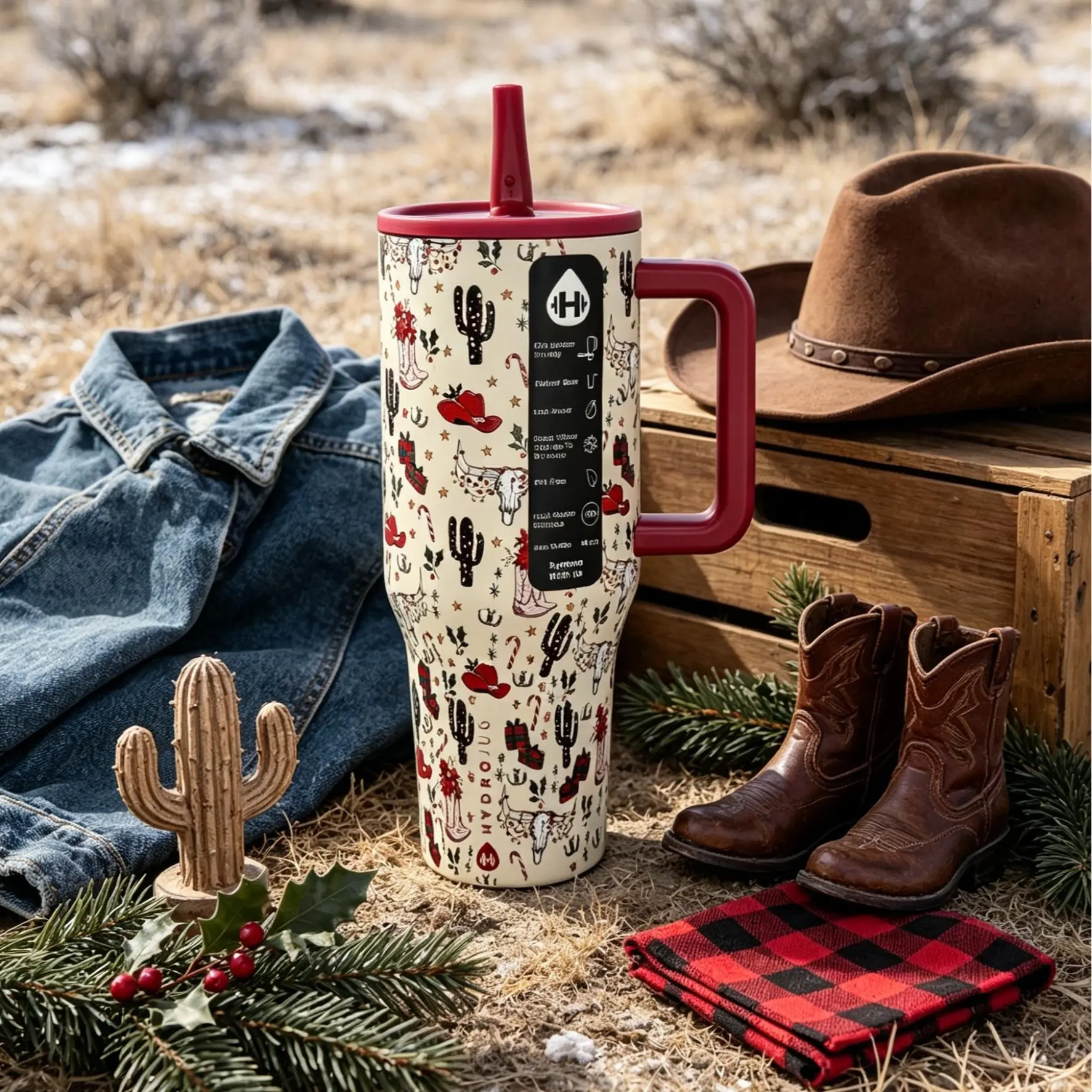 HydroJug 40oz Insulated Stainless Steel Western Christmas Cowboy Mug Bottle - Leak-Proof Vacuum Flask, Insulated Drink Cup with Desert Cactus Printed Skull, Handle, Straw, 24hr Cold Retention, Car Travel, Holiday Gift