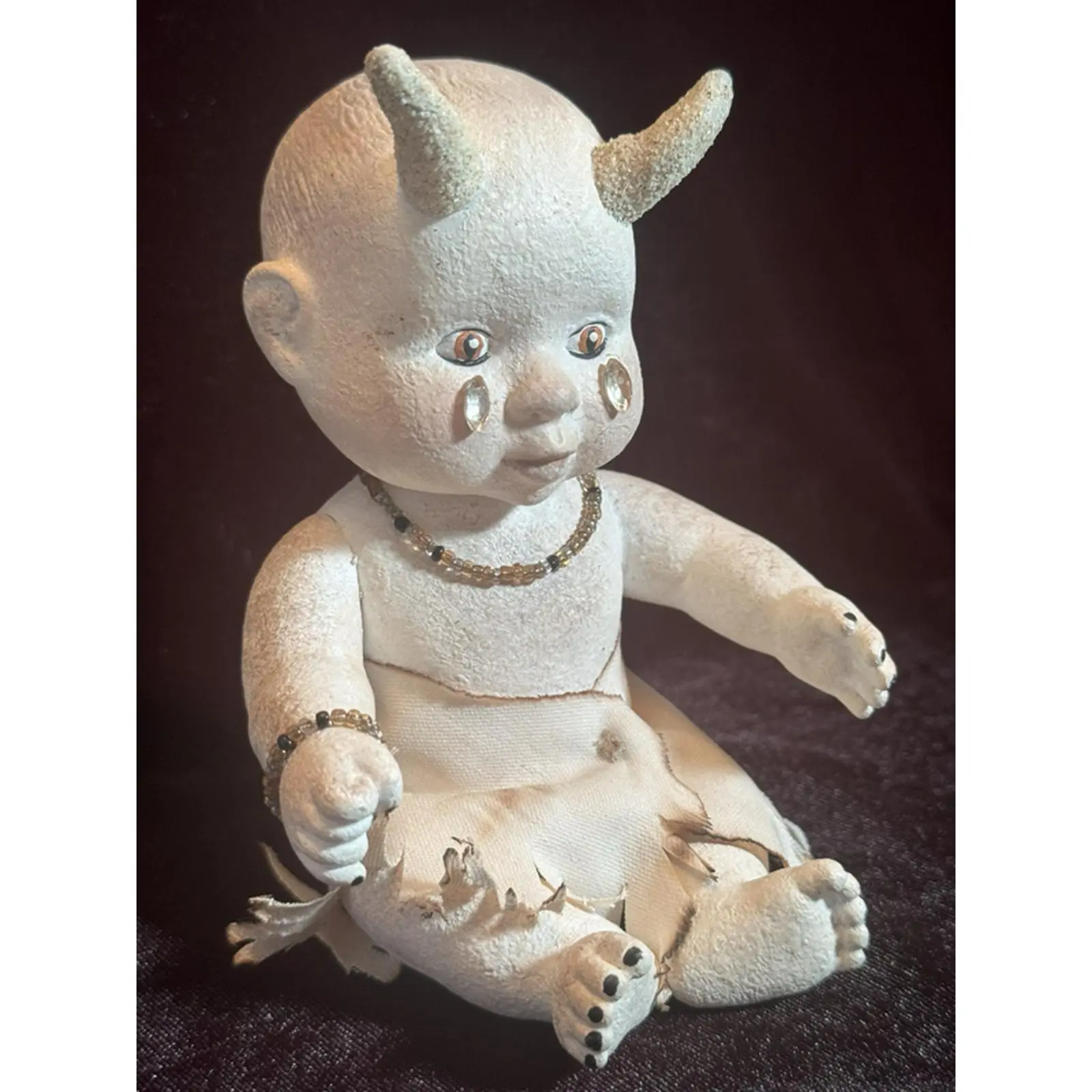 Little Fallen One - Hand-painted Mythical Horned Baby Figurine with Bead and Rhinestone Accents