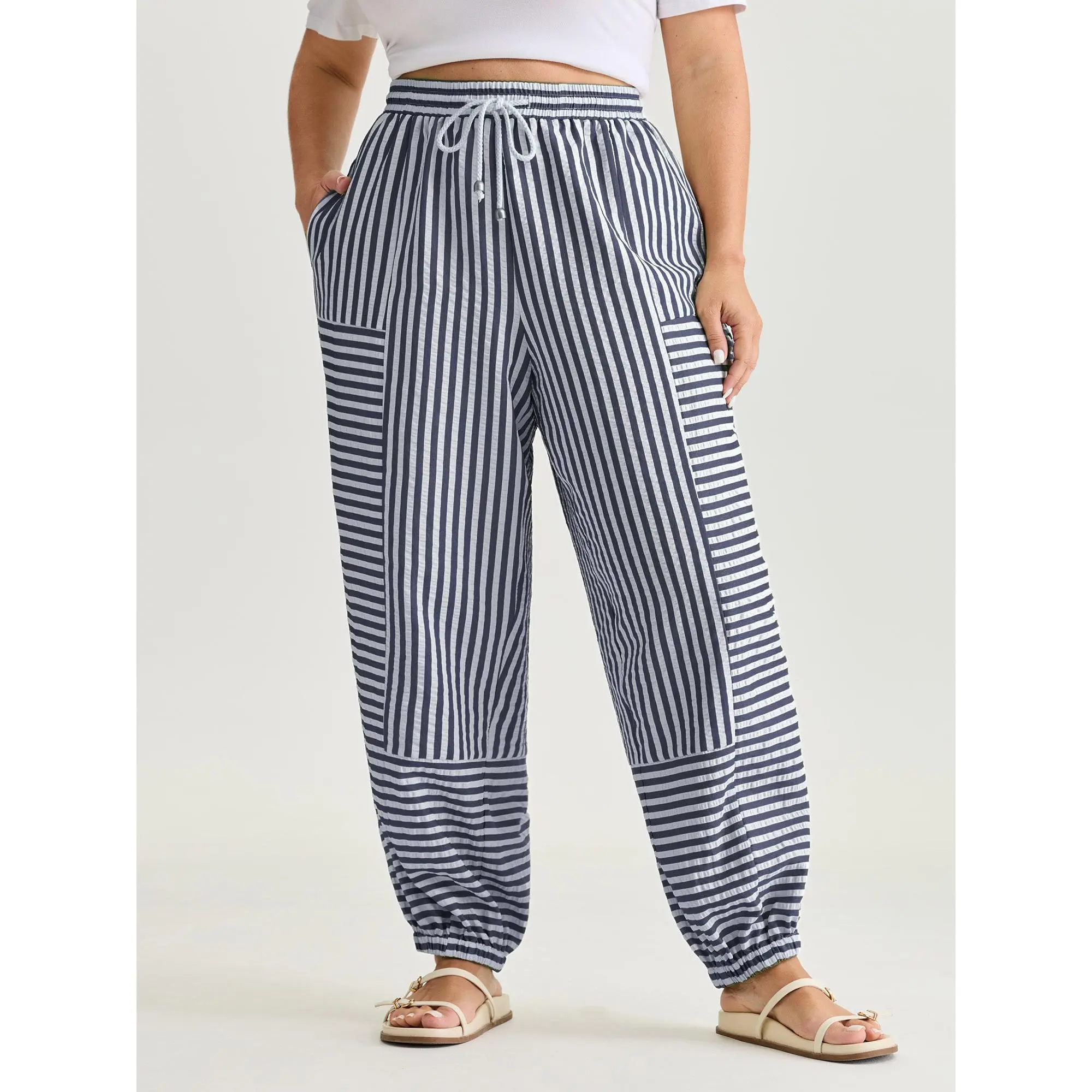 BloomChic Striped Print Cuffed Hem Pants 【M-6XL】