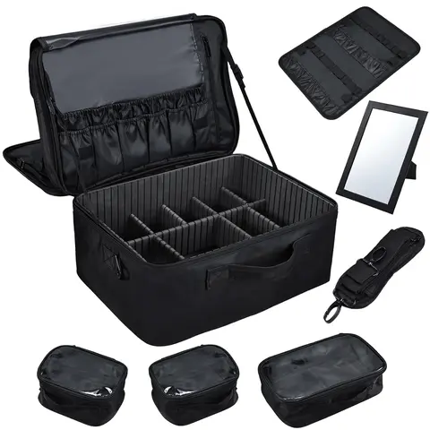 3 Layers Extra Large Makeup Case with Mirror Shoulder Strap Trolley Sleeve Travel Train Case Professional Makeup Box Nail Organizer Salon Barber Suitcase