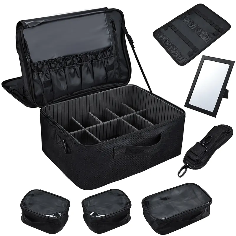 3 Layers Extra Large Makeup Case with Mirror Shoulder Strap Trolley Sleeve Travel Train Case Professional Makeup Box Nail Organizer Salon Barber Suitcase