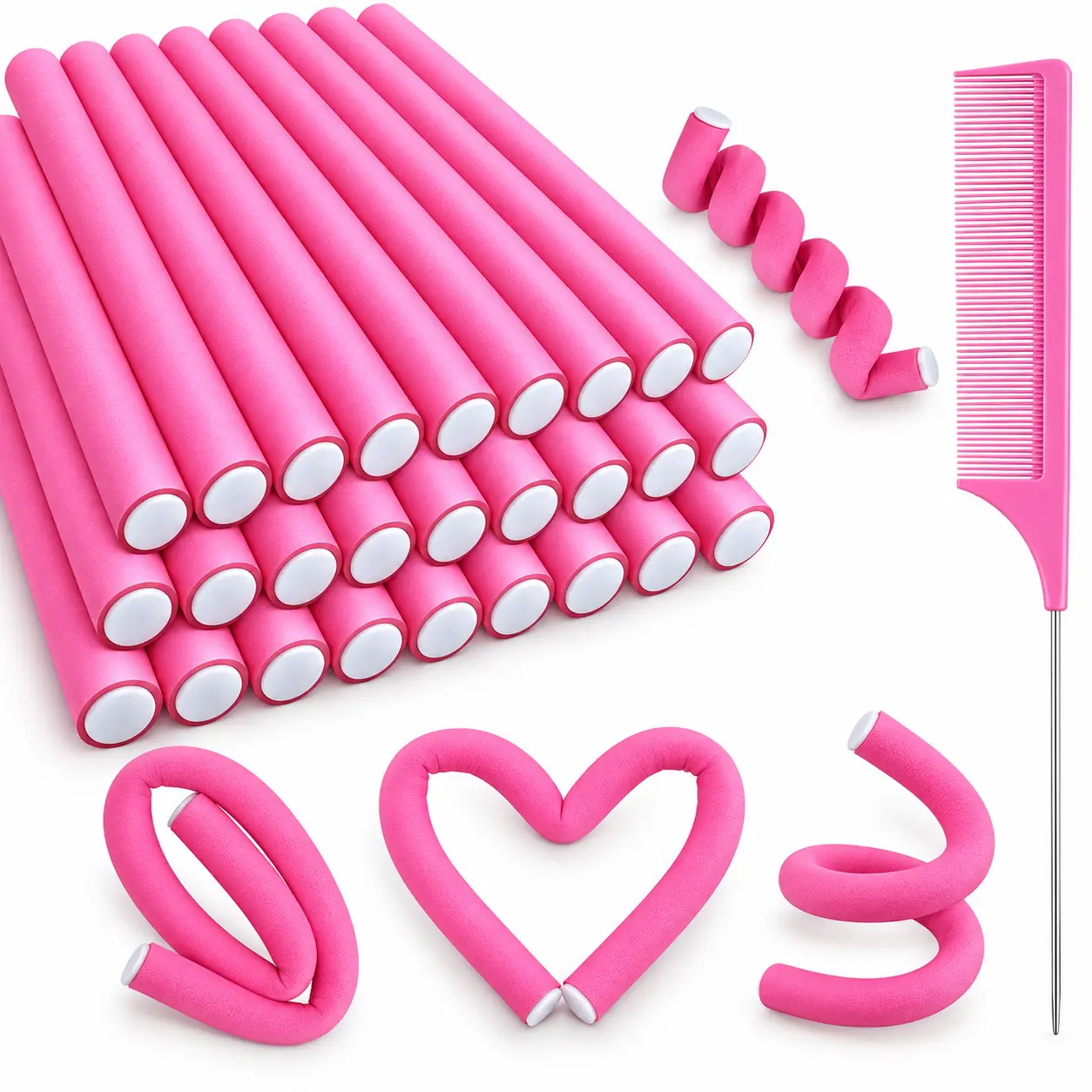 30PCS Flexi Rod Hair Rollers Set, 9.45" Flexible Foam Curlers with Steel Pintail Comb for Heatless Curls, Waves, Short, Medium & Long Hair
