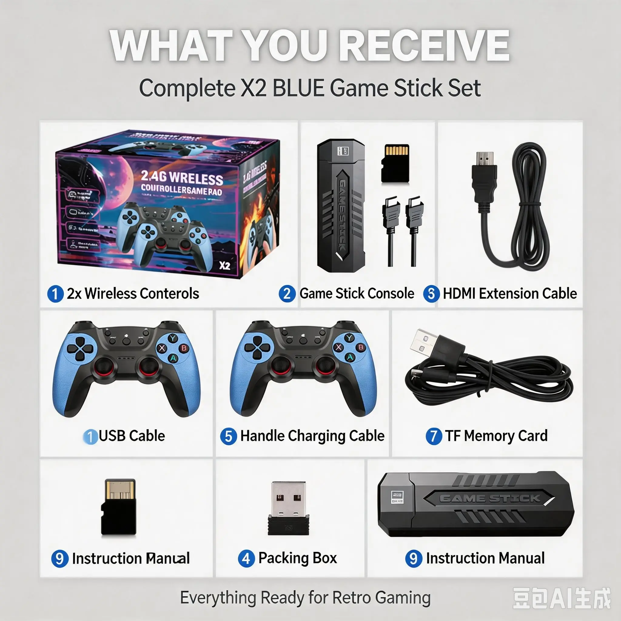 X2 BLUE 4K HDR Retro Game Stick Kit with 2 Wireless 2.4G Controllers, 30+ Emulators Plug & Play TV Video Game Console