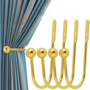 Curtain Holdback, 4 count Wall Mounted Drapery Tiebacks with Screws, Heavy Duty Metal Decorative Window Drapery Holder Curtain Hook, Gold