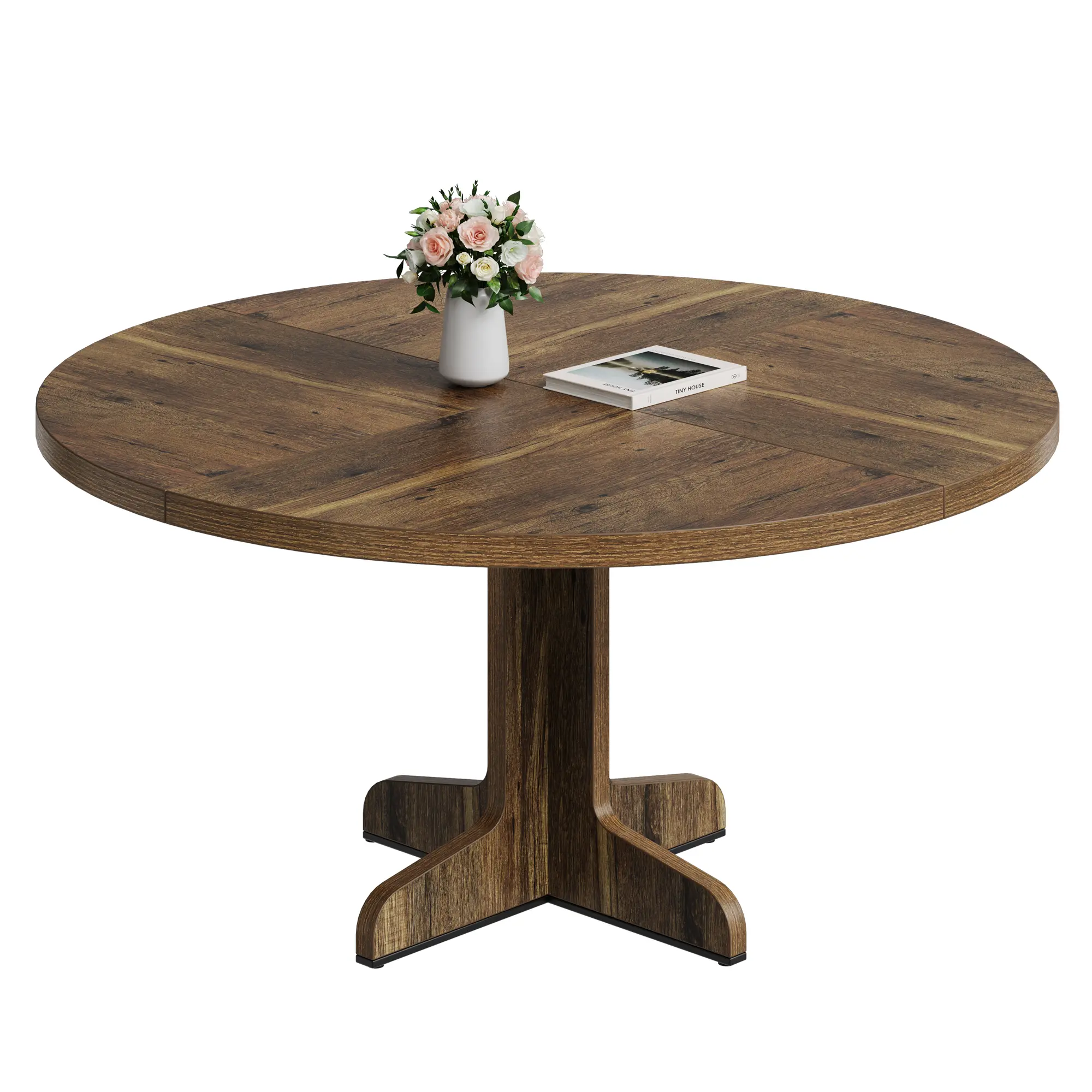 Round Wood Kitchen Table 47 Inch For 4 To 6 People With Thick Top And Sturdy Legs Circle Breakfast Nook Table For Dining Room Living Room