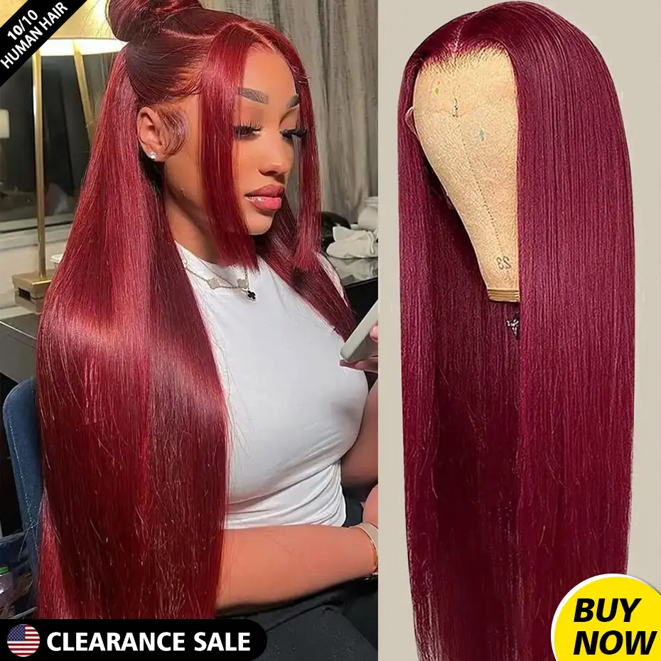 99J Red Burgundy 13x4 13x6 Straight Lace Front Wig Human Hair Wigs Colored HD Transparent Pre Plucked Lace Frontal Human Hair Wigs