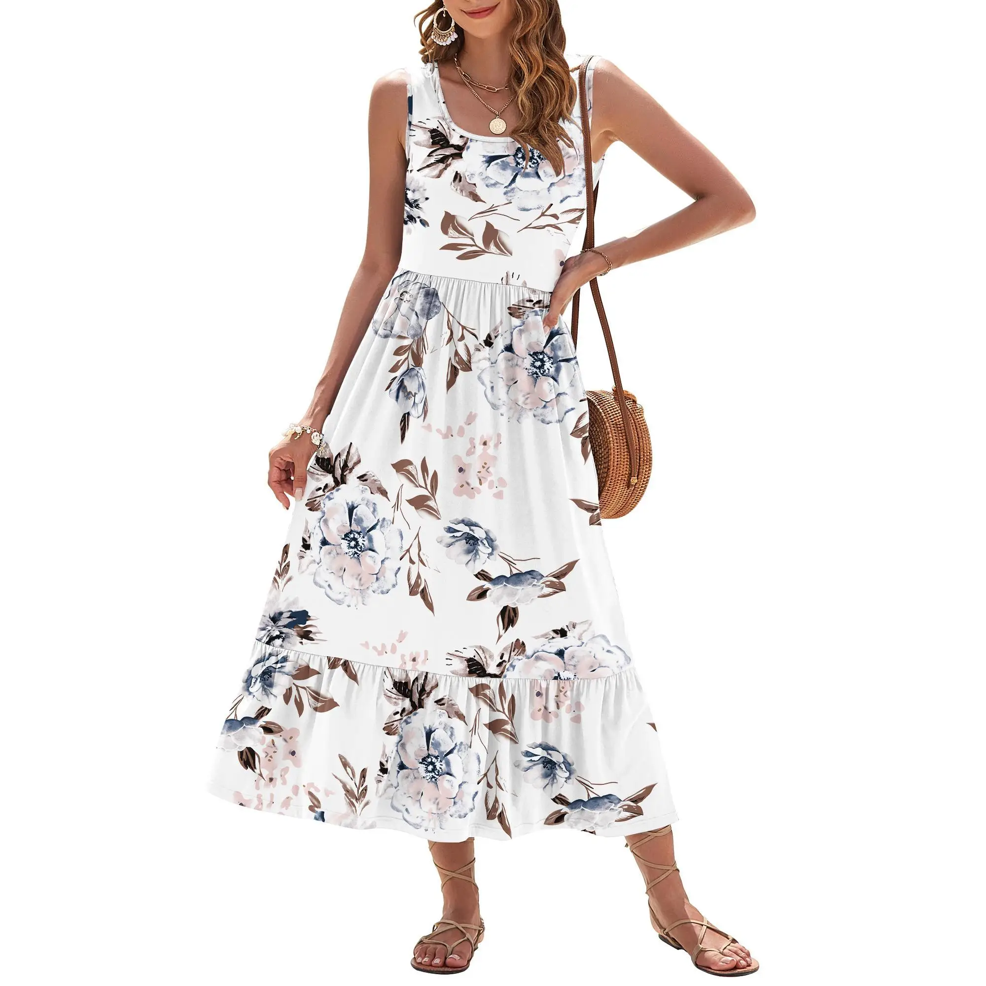 AUSELILY 2025 Womens Summer Dresses Sleeveless Maxi Dress Square Neck Casual Tiered Swing Dress with Pockets Summer Dress Sunshine Floral