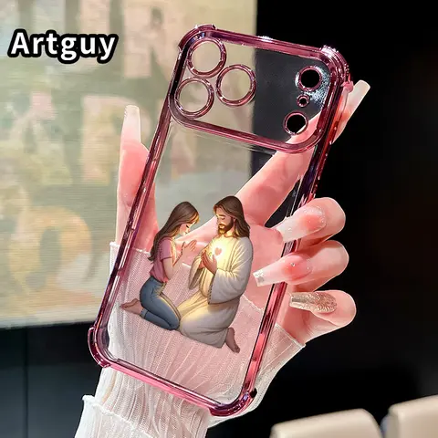 Jesus and Little Girl Prayer Scene Smartphone Case - Shockproof Slim TPU Flex Cover, 4-Corner Drop-Proof, Raised Edges, Transparent Electroplated Protector, Anti-Slip Surface for iPhone 17 Pro Max,16,15 Plus,14,13,12,11,E Cellphone Accessories