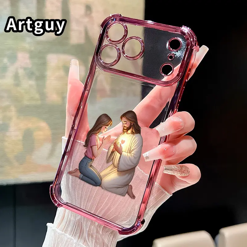 Jesus and Little Girl Prayer Scene Smartphone Case - Shockproof Slim TPU Flex Cover, 4-Corner Drop-Proof, Raised Edges, Transparent Electroplated Protector, Anti-Slip Surface for iPhone 17 Pro Max,16,15 Plus,14,13,12,11,E Cellphone Accessories