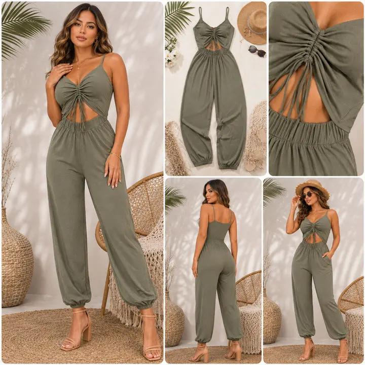 Women's Casual Comfortable Sleeveless Harem Overalls Jumpsuit - Slim Fit, Spandex-Rayon Fabric, Strap Design, Drawstring Detail