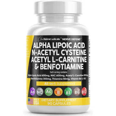 Clean Nutra Alpha Lipoic Acid, N-Acetyl Cysteine, Acetyl L-Carnitine & Benfotiamine for Healthy Nerve Function - Nerve Defend