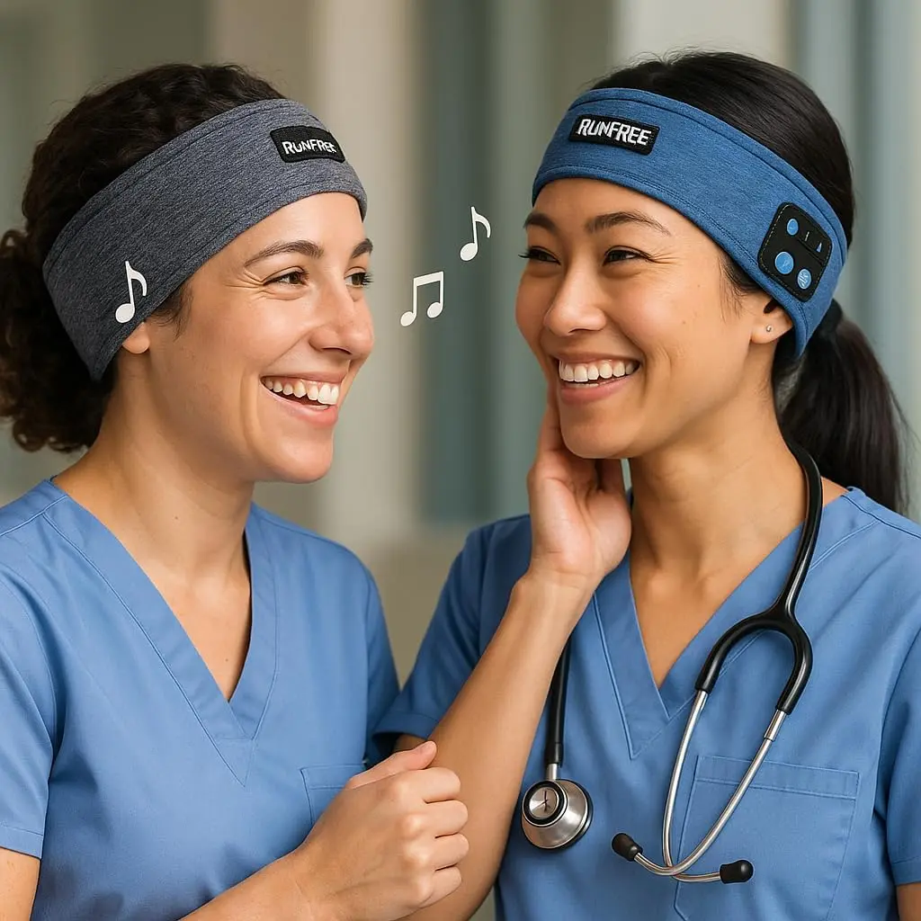 RunFree VDENMENV AllDayHeadband - Blue & Gray Wireless Bluetooth Headband with Musical Note Design for All-Day Wear Comfortable Soft Breathable Fabric Multi-Purpose Sleep Sports Travel