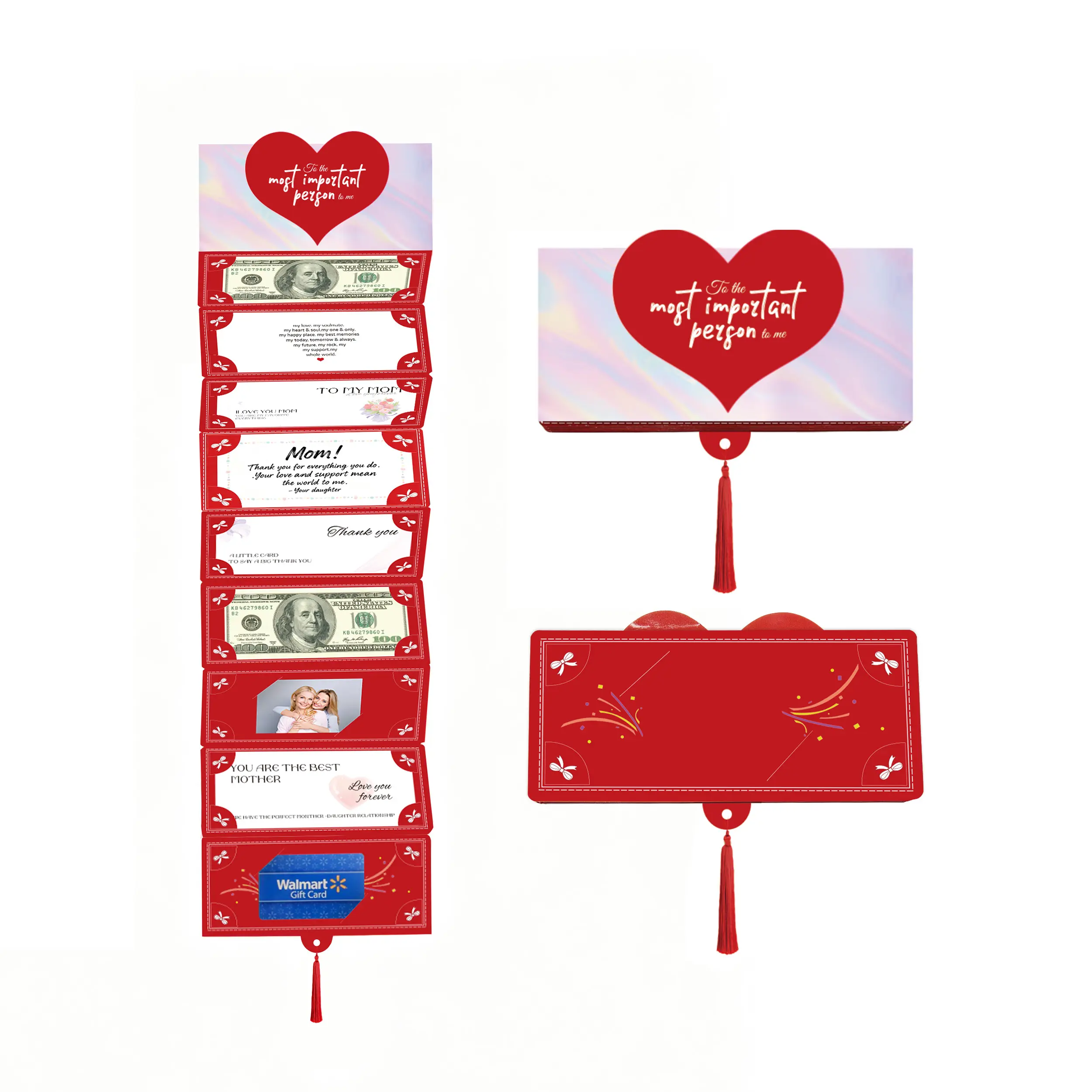 Heart Shape Expanding Accordion Card That Holds Cash, Gift Cards & Photos, Cute Pink Foldable Surprise Card for Mom, Comes with 10 Blank Writing Inserts, Unique Sentimental Mother’s Day Present for Mom, Wife & Grandma