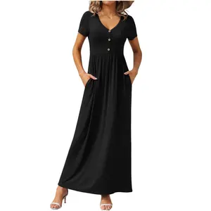 GRECERELLE Womens Summer Long Maxi Dresses 2026 Short Sleeve V Neck Casual Button Dress with Pockets