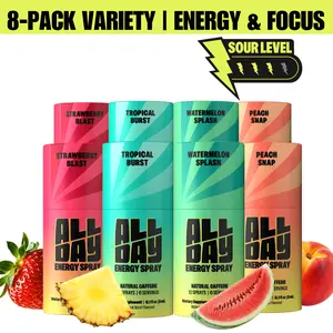 ALLDAY Caffeine Energy Spray - Sour Bold Flavor | Pocket Size Energy Shot with L-Theanine + Vitamin B12 | Sugar Free Caffeine Alternative | Support Focus | Faster Energy Boost | 4 Flavor Variety Pac (8 ct)k