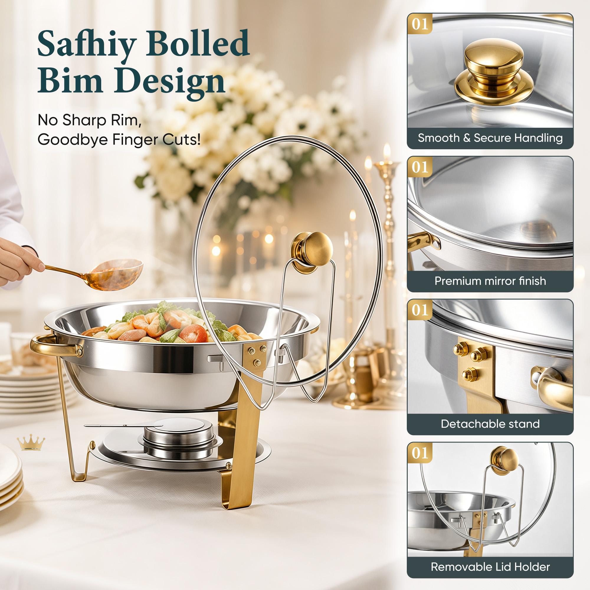 4-Pack Round Chafing Dish Buffet Bakeware Set - Stainless Steel Body with Gold Accents, Glass Lid, Lid Holder; Keeps Food Hot or Cold, Ideal for Catering Events, Family Parties