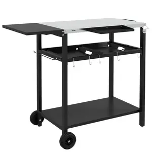 Outsunny Expandable Portable Utility Cart Outdoor Bar Organiser with Stainless Steel Tabletop, Rolling Kitchen Island Rack, 2-Tier Shelves, Seasoning Shelf, Hooks, Towel & Garbage Bag Holder, Black (Fits Plates & Spice Jars), Portable Utility Carts