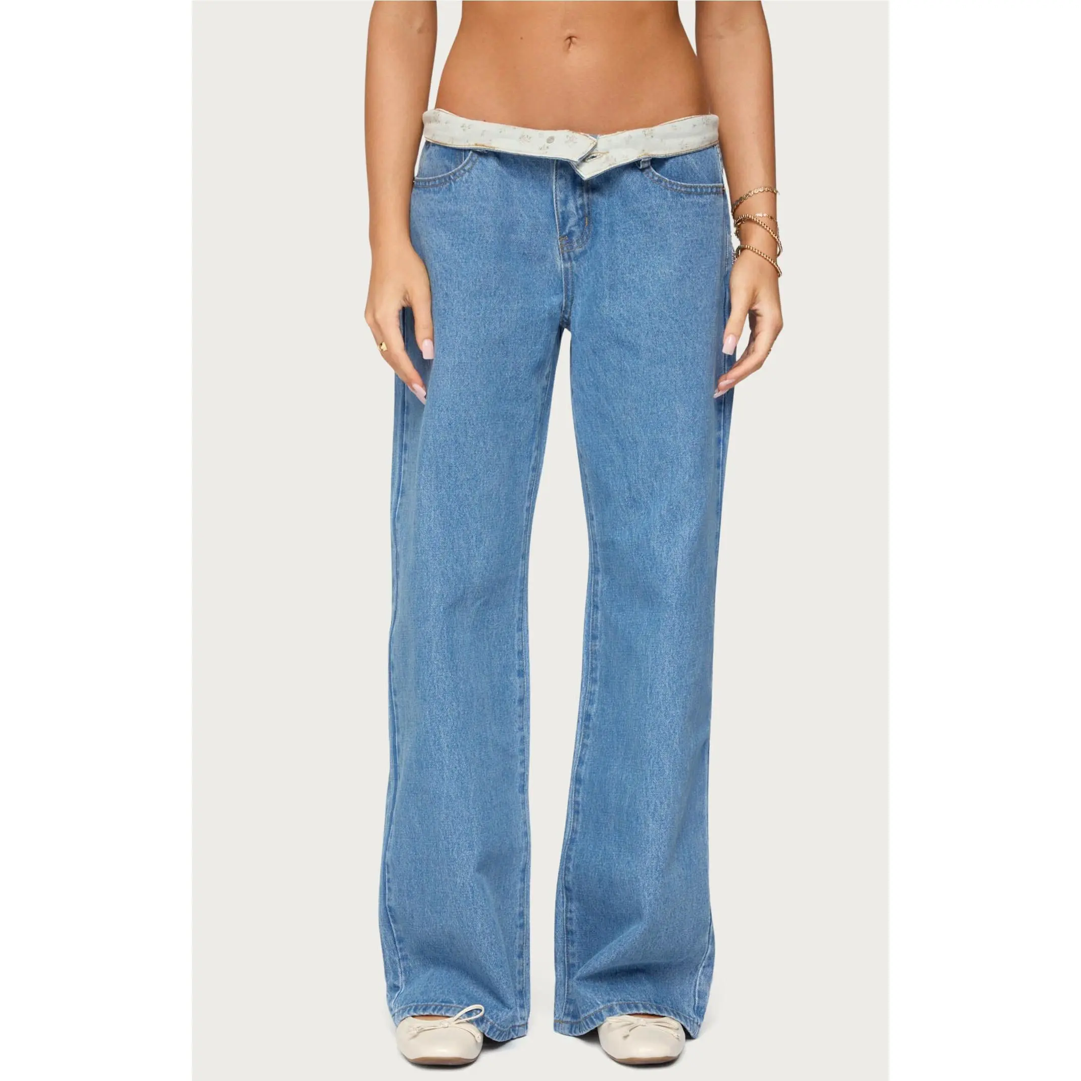 Edikted Women's Floral Foldover Low Rise Jeans