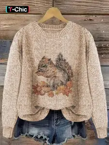 Women's Round Neck Cartoon Squirrel Print Sweater Knitwear, Loose-Fit Casual Knitted Pullover for Fall & Winter, Comfortable Daily Wear