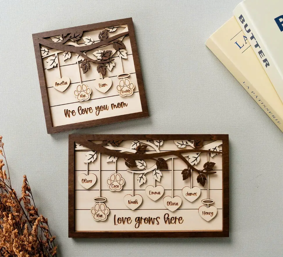 3-Layered Personalized Family Tree Wooden Plaque - Custom Engraved Name Decor for Home, Mum Gift, Modern Farmhouse Style, Engraved Phrase/Initial/Natural Speciality Plaques & Signs, Unique Family Keepsake