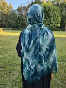 Soft Muslimah Fashion Hijab, Tie-Dye Block Pattern, Fringe Design, Comfortable Material, Daily Wear Long Shawl, Beach Friendly