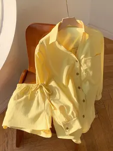 Women's Long Sleeve Shirt & Shorts Matching Set, Casual Fashion for Spring Summer, Comfortable Daily Wear Clothing for Women