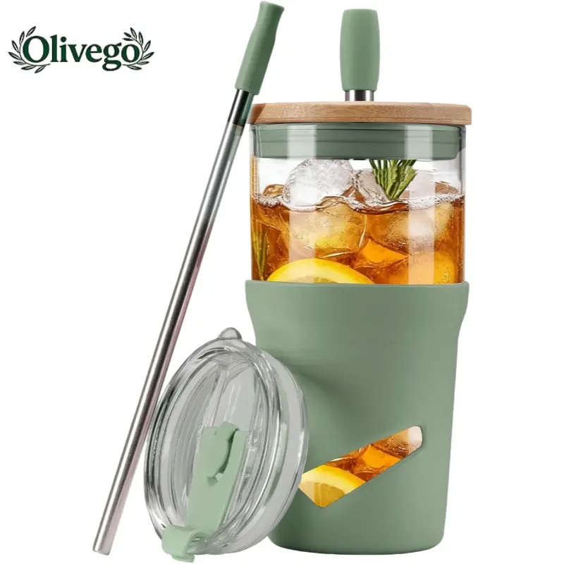 【Olivego】20oz Eco-Friendly Reusable Glass Water Tumbler - Portable, Washable 2-in-1 Cup with Bamboo Lid, 2-in-1 Straw, Anti-Slip Silicone Sleeve - Durable, Stylish On-the-Go Iced Coffee Cup for Gifting & Daily Use (Non-Insulated Glass Tumbler)