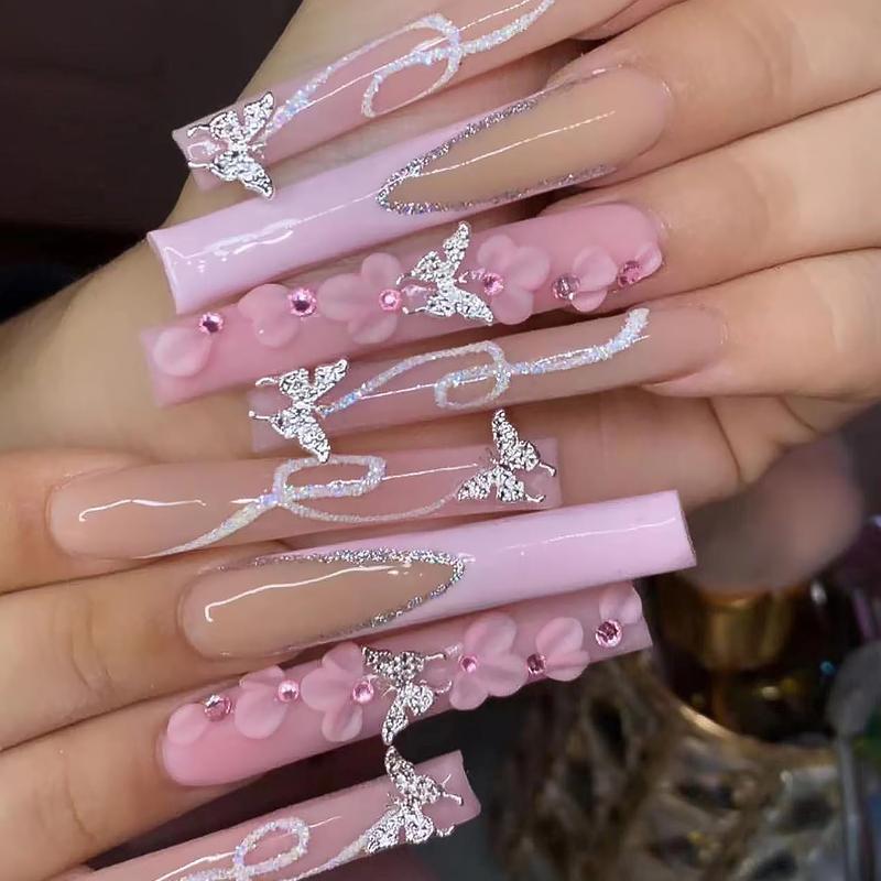 24PCS Long Square Press-On Nails Pink French Tip with Silver Rhinestones Flower Butterfly Charms Full-Cover Acrylic False Nails for DIY Manicure Easter Birthday Gift Set