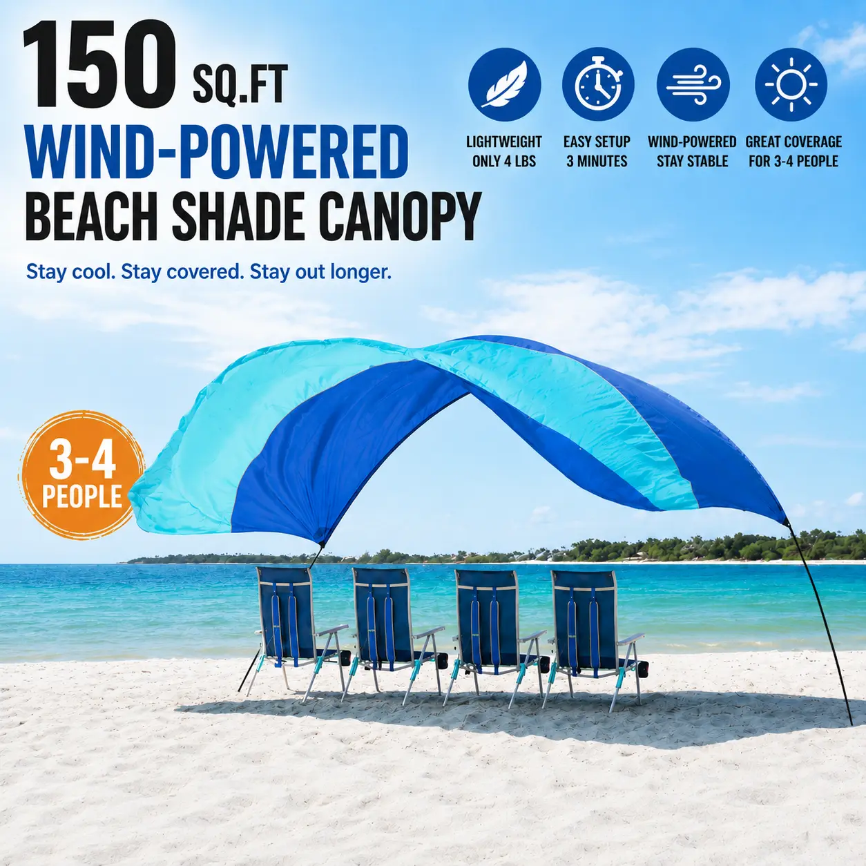 150 Sq.Ft. Wind-Powered Beach Shade Canopy - High Quality, Lightweight (4 lbs), Easy Setup in 3 Minutes, Blue Perfect for Family Outings and Relaxation bed tent 3-4 person sun shelter szhlux hammock