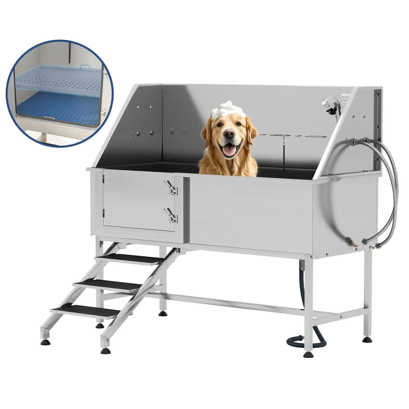 for home Dog Washing Station, XL 304 Stainless Steel Professional Pet Bathtub with Stairs, Pet Wash Tub with 3-Speed Adjustable Showerhead, Removable Grates, Easy Cleaning