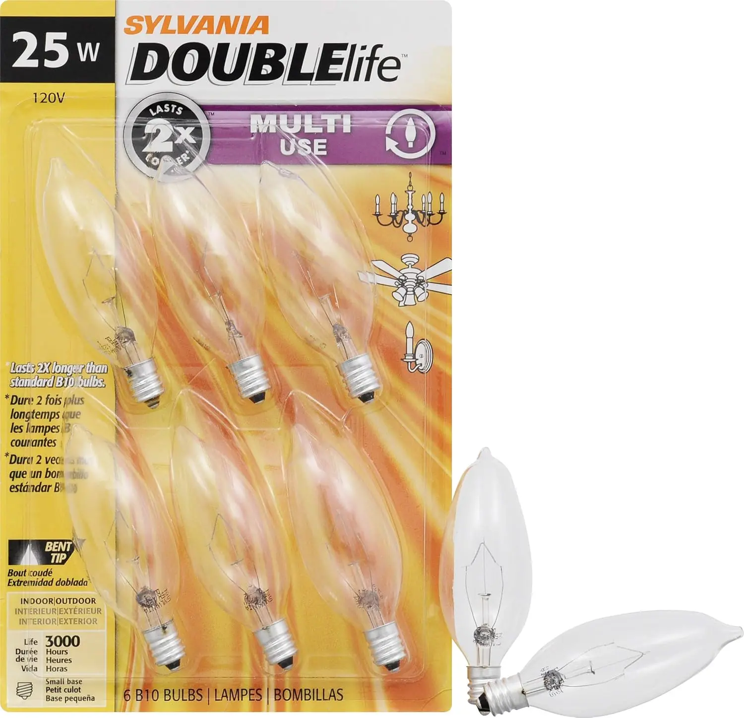 Sylvania Incandescent Double Life Light Bulb, B10, 25W, Candelabra Ba, 175 Lns, 2850K, Clr, Soft White - 6 Pack (18748)