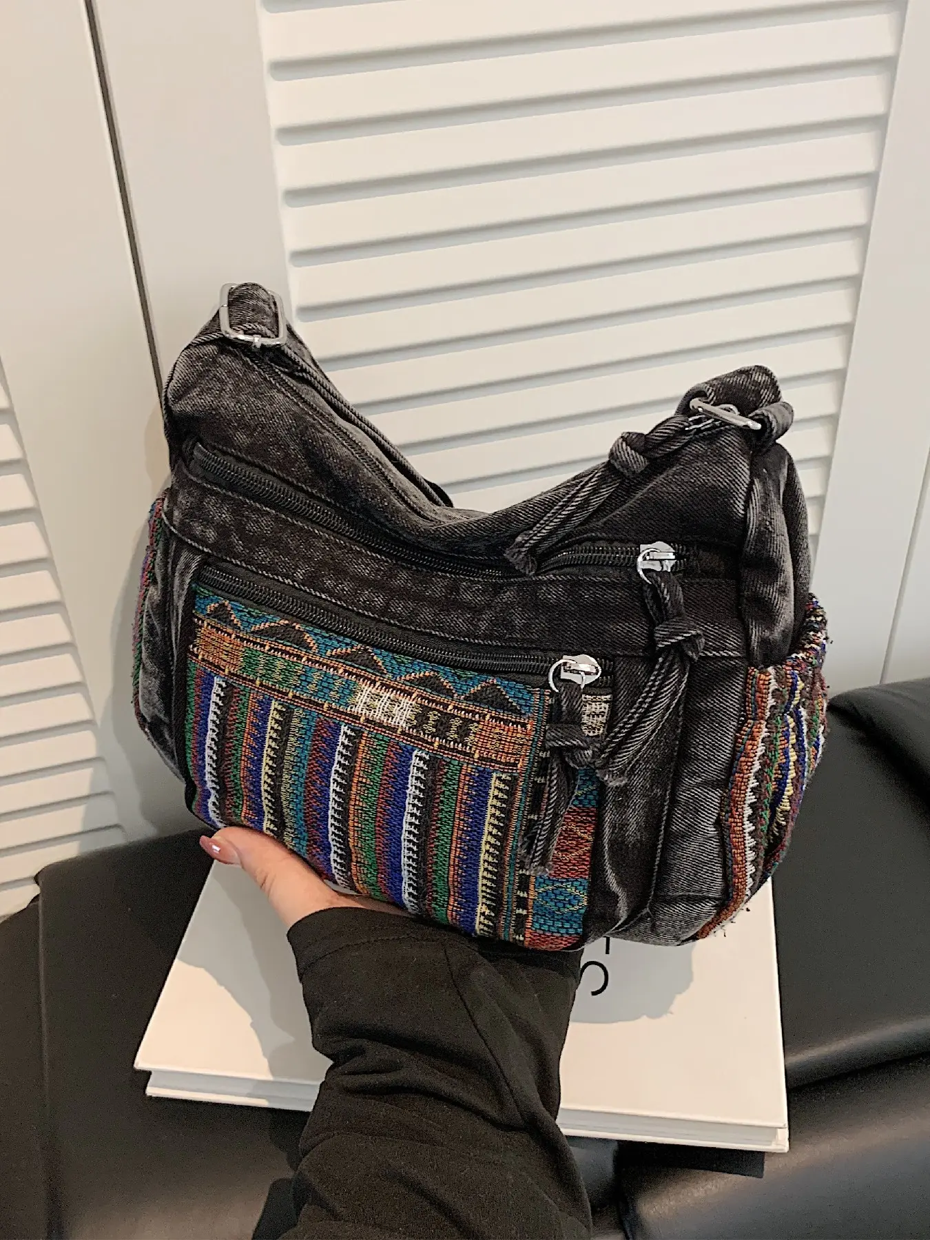 Bohemian Embroidered Shoulder Bag, Boho Bag, Vintage Denim Crossbody Bag, Ethnic Style Women's Fashion Casual Bag, Adjustable Strap